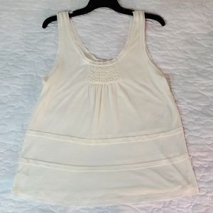 Loft Ivory Linen, Lacy Front, Tiered Tank with Pleating, Size Large